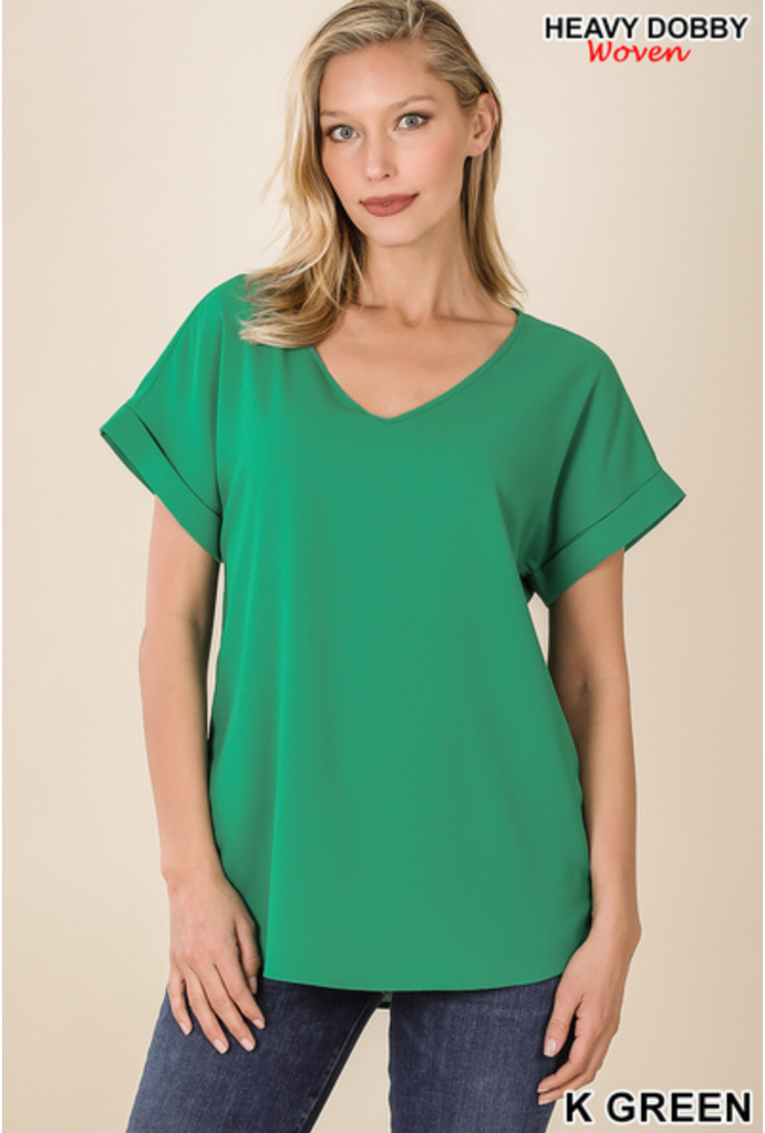 Zenana- Reg & Plus Size Rolled Short Sleeve V-Neck in KELLY GREEN