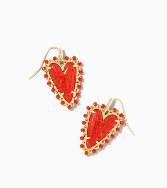 Kendra Scott- Beaded Ansley Heart Gold Drop Earrings In Red Kyocera Opal