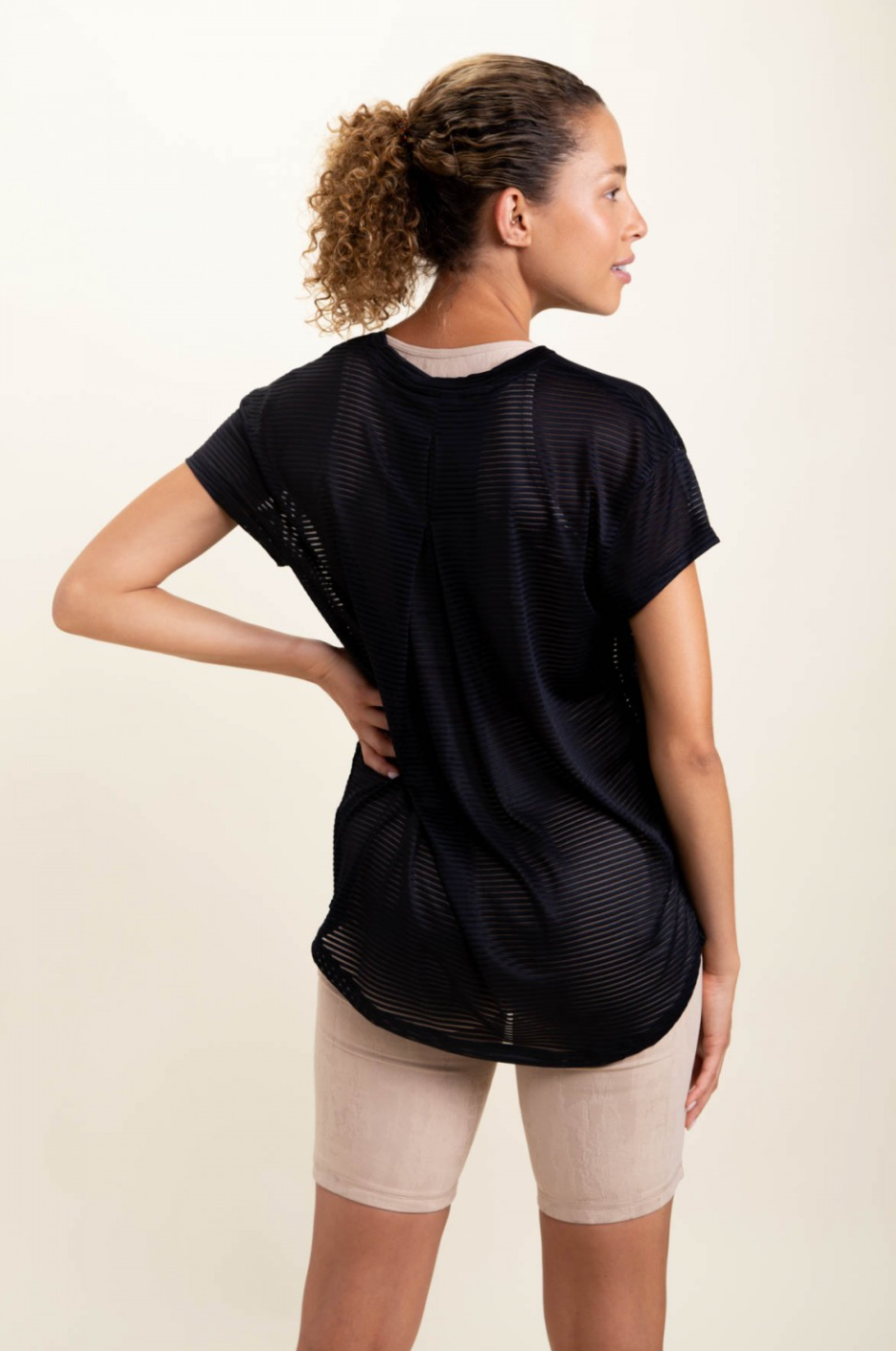 Mono B- Sheer Striped Mesh Paneled Back Tee in Assorted Colors