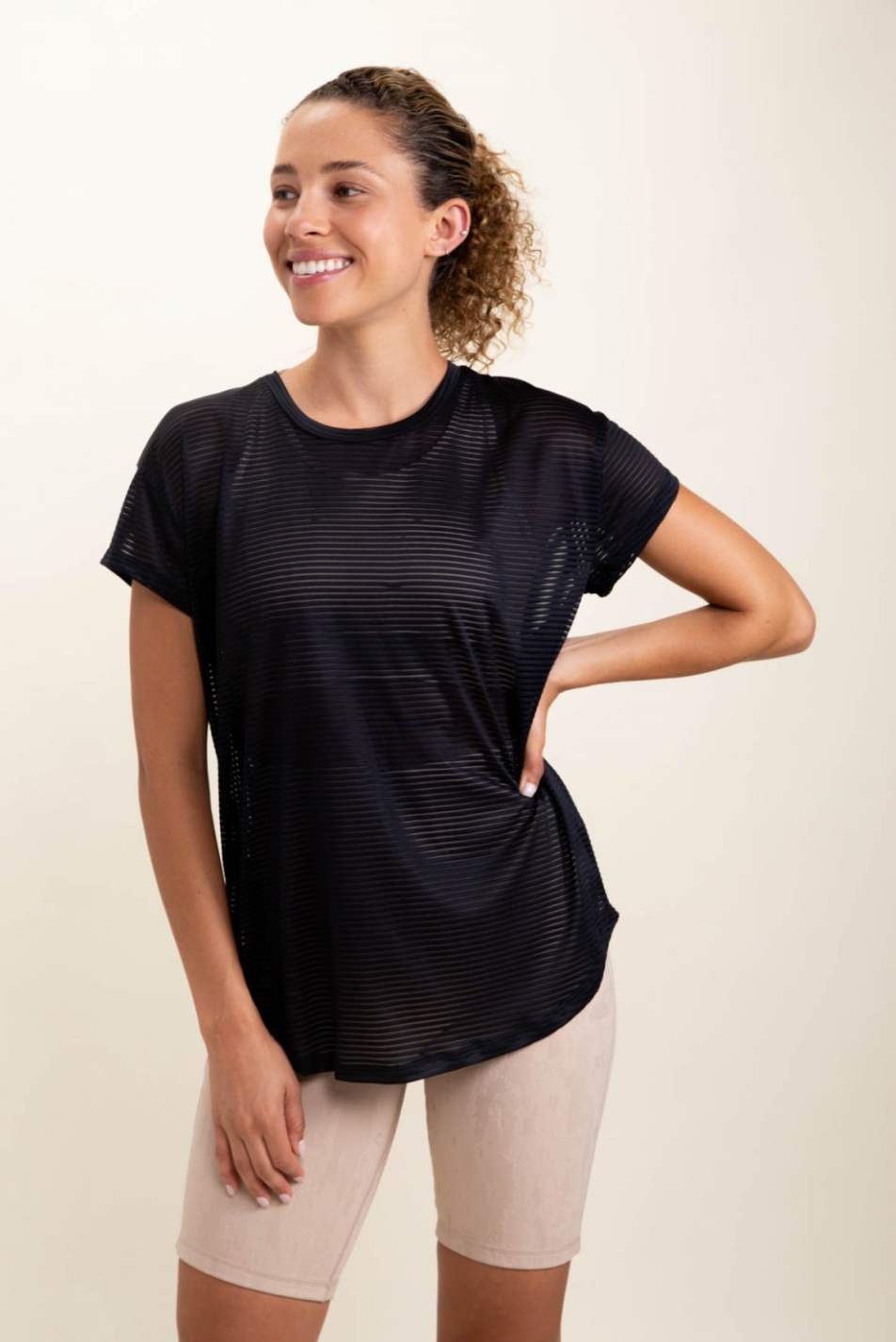 Mono B- Sheer Striped Mesh Paneled Back Tee in Assorted Colors