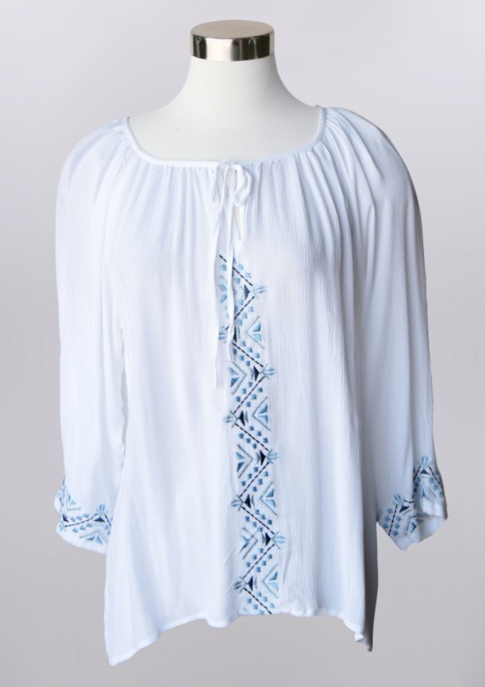 KEREN HART- BLUE EMBROIDERED TOP IN WHTE