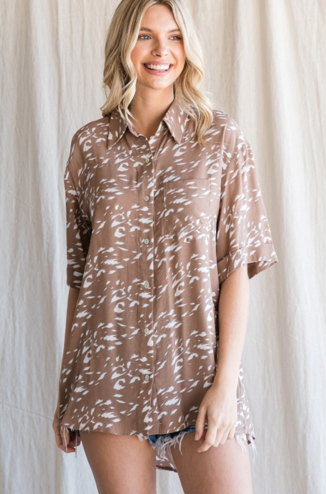 Jodifl- Print Button Up Top in Taupe