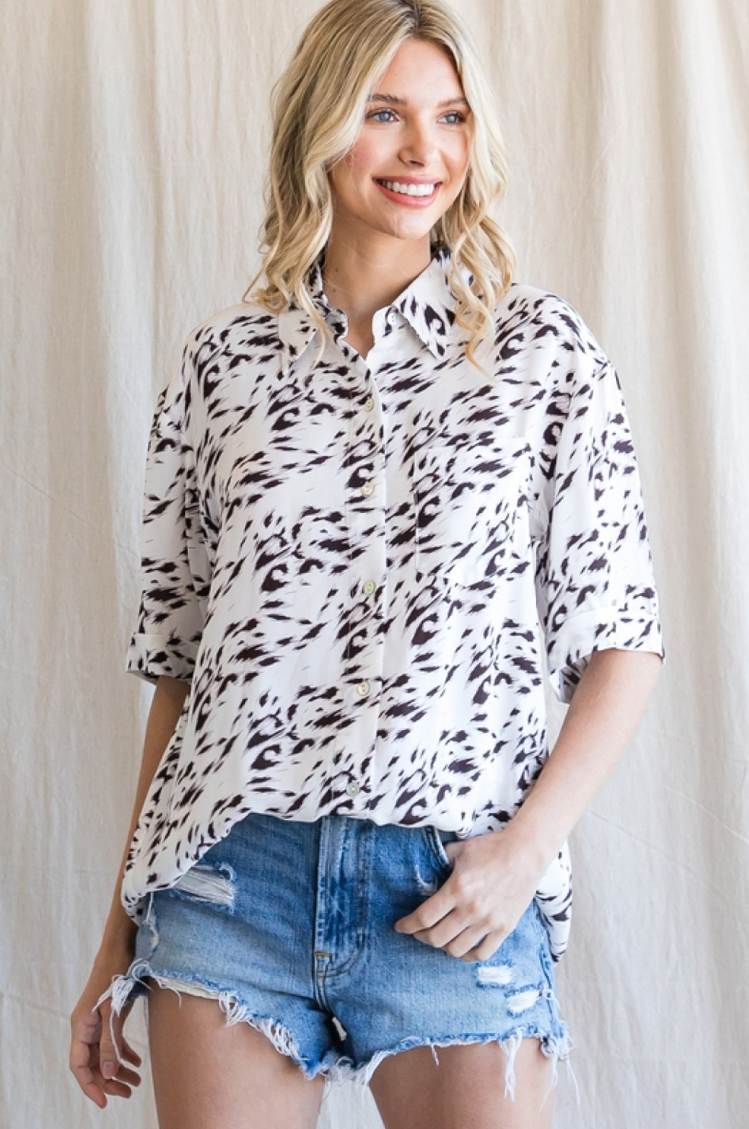 Jodifl- Print Button Up Top in White