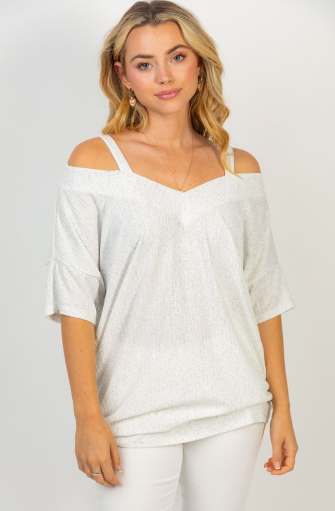 White Birch- Half Sleeve Cut Out Top in Oatmeal