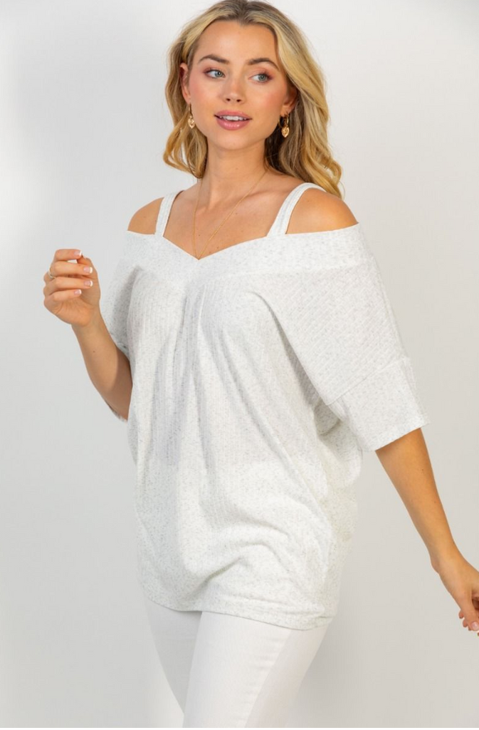 White Birch- Half Sleeve Cut Out Top in Oatmeal