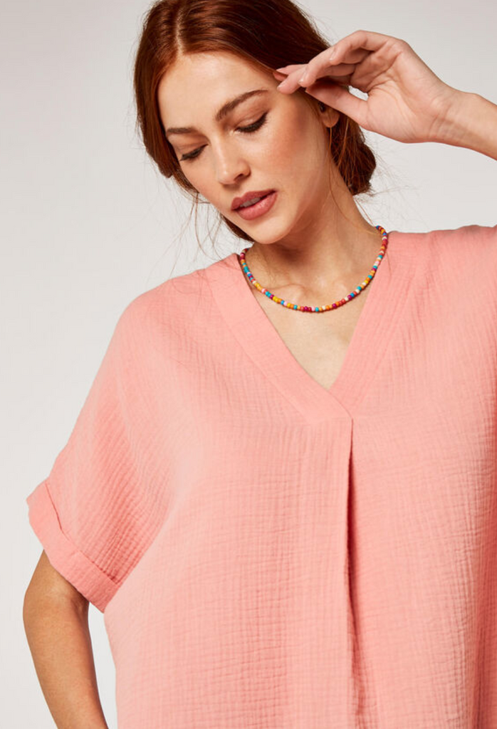 Apricot- Curve Hem Cotton Top in Pink