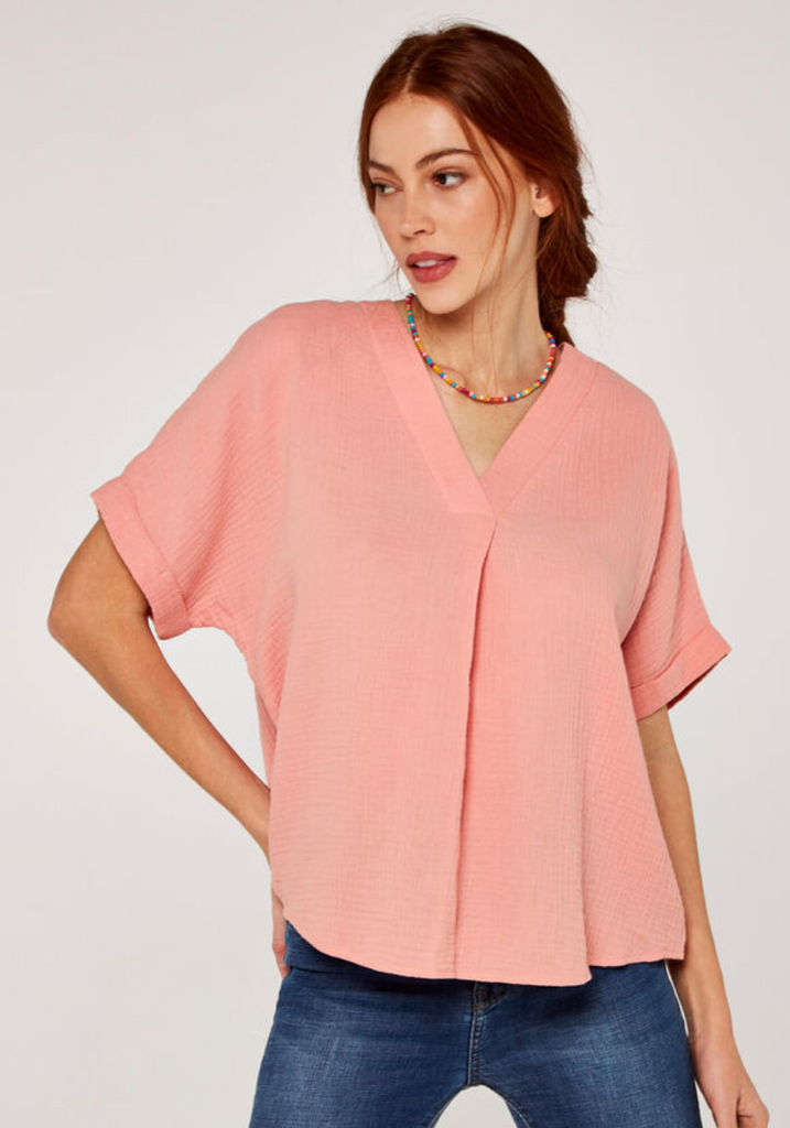 Apricot- Curve Hem Cotton Top in Pink