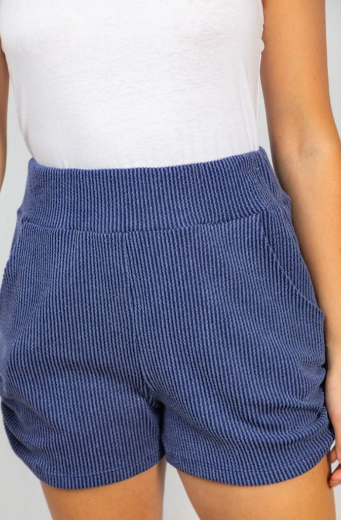 White Birch- Stretch Knit Shorts with Side Ruched in Blue/Navy