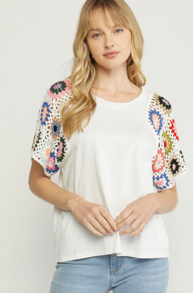 ENTRO- Crochet Sleeve Top in White