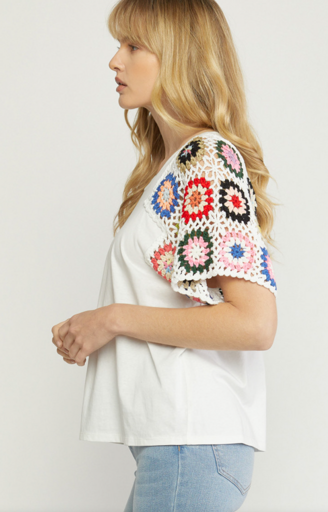 ENTRO- Crochet Sleeve Top in White