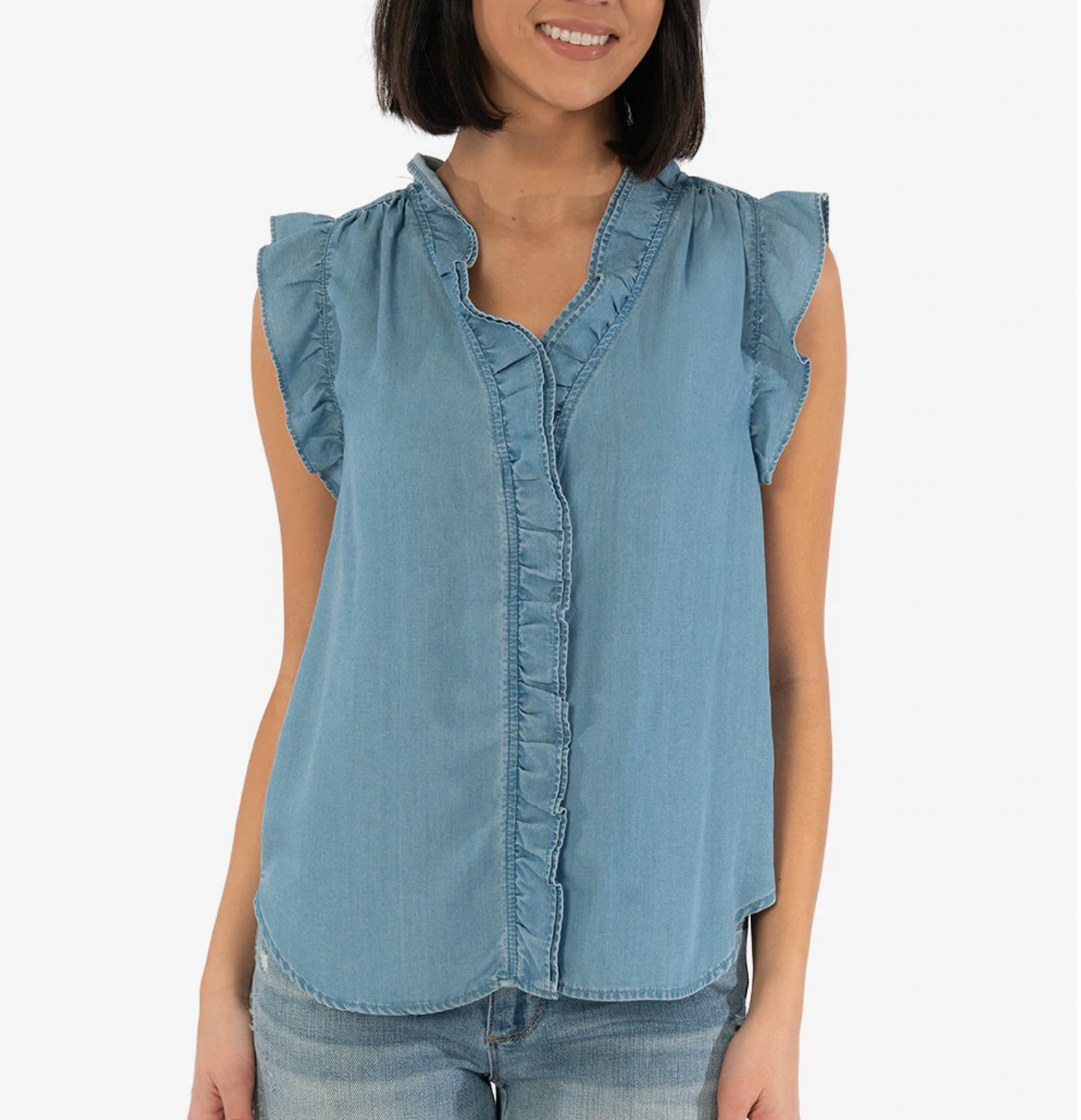 Kut from the Kloth- Ruffle Tencel Blouse in Med Wash