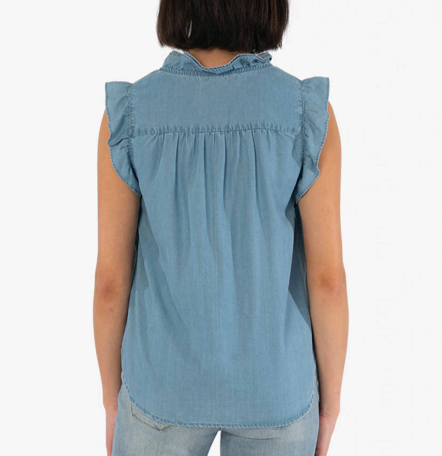 Kut from the Kloth- Ruffle Tencel Blouse in Med Wash