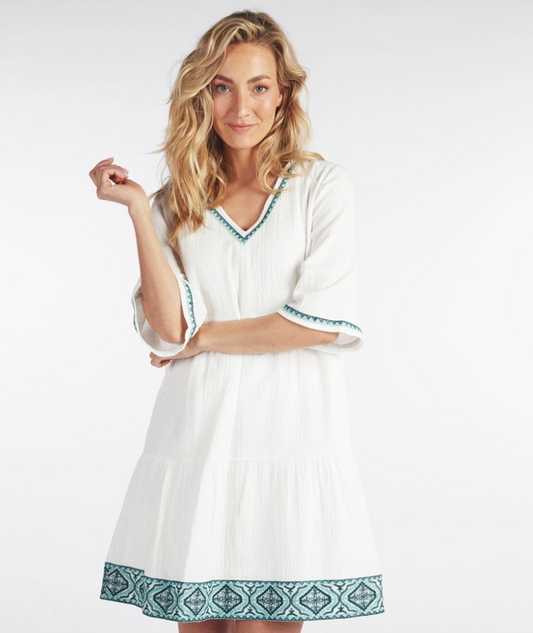 Esqualo- V-Neck Dress with Embroidery Details in White