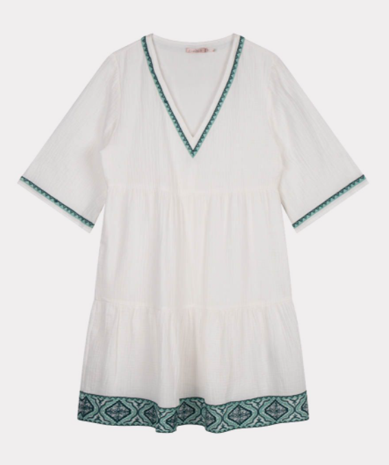 Esqualo- V-Neck Dress with Embroidery Details in White