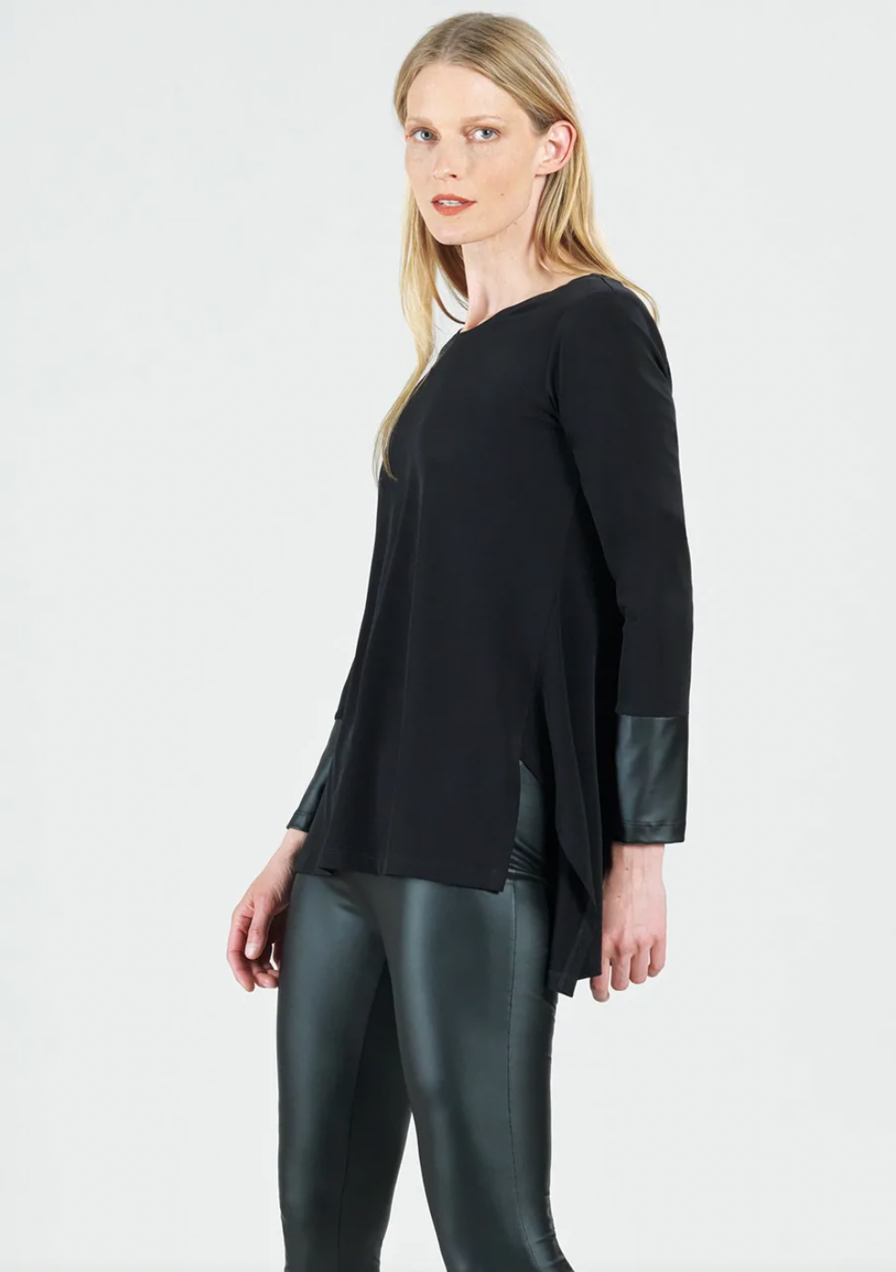 Clara Sun Woo- Parachute Hem Liquid Leather Cuff Tunic in Black