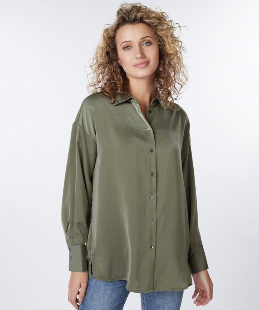 Esqualo- Sateen Oversized Button Up Blouse in Leaf Green