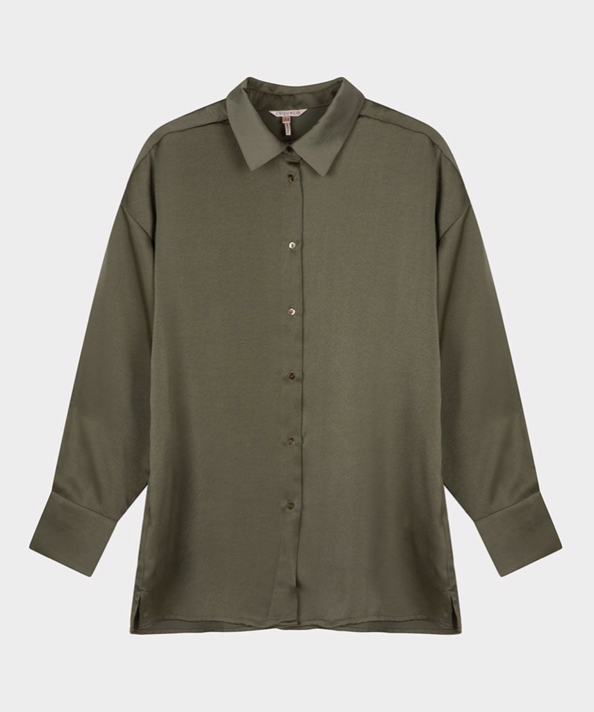 Esqualo- Sateen Oversized Button Up Blouse in Leaf Green