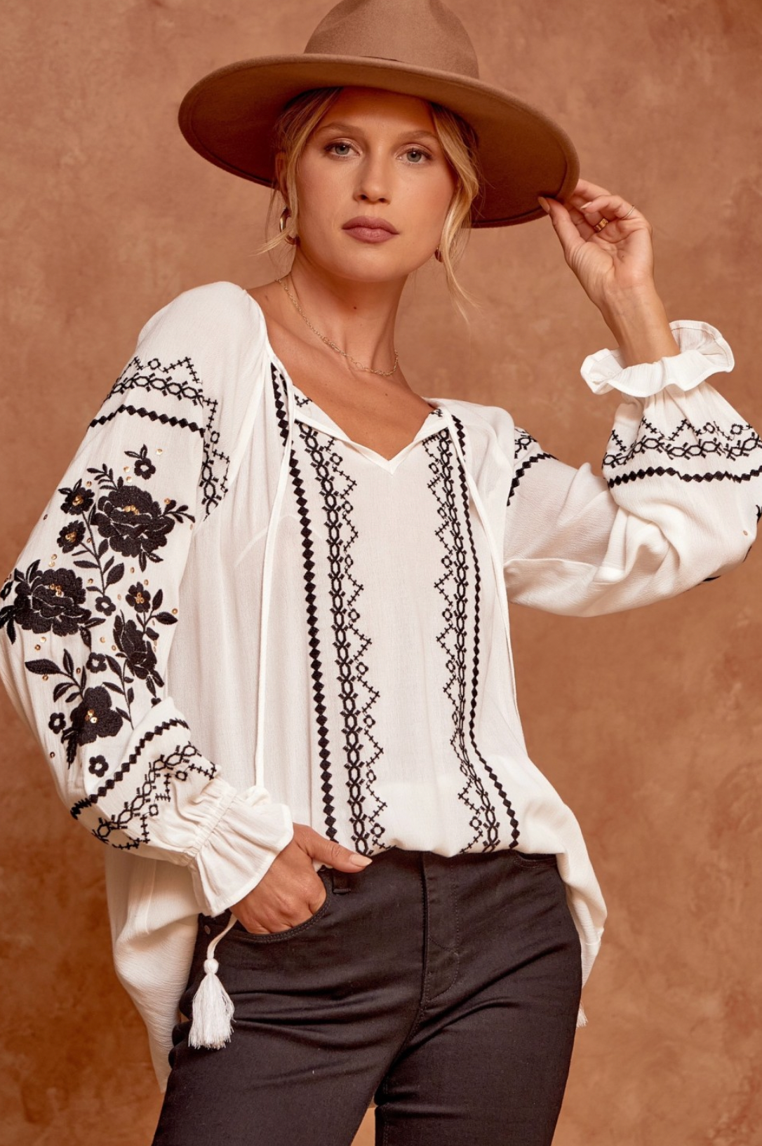 Andree by Unit- Embroidered Woven White Top with Black Embroidery