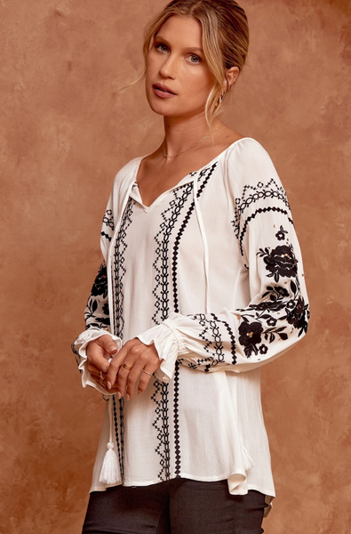Andree by Unit- Embroidered Woven White Top with Black Embroidery
