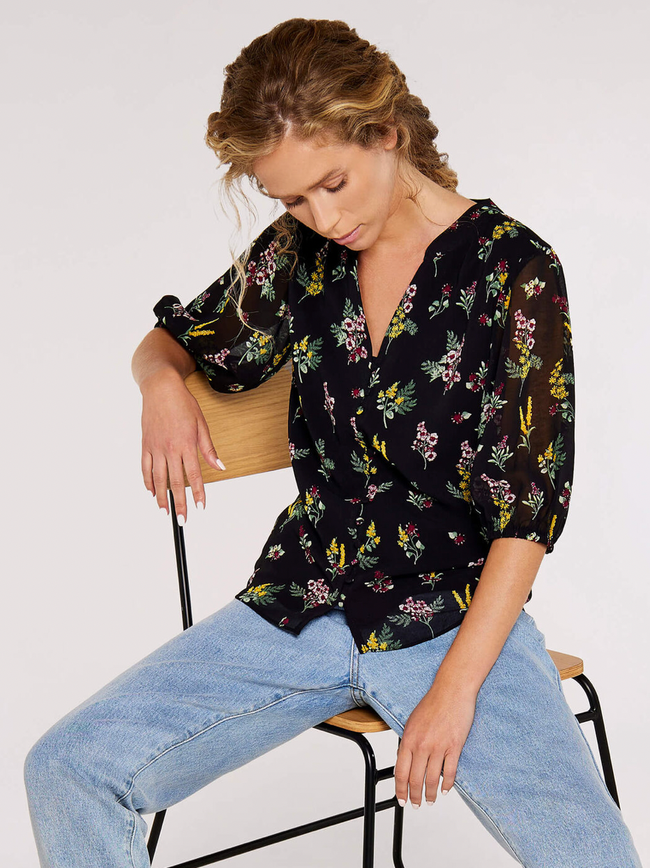 Apricot- Floral Top in Black