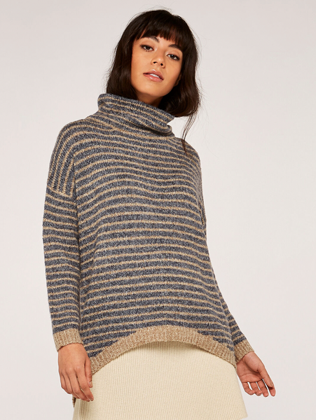Apricot- High Neck Stripe Boucle Sweater in Grey