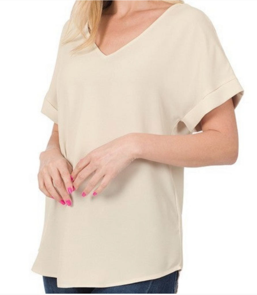 Zenana- Plus Size Rolled Short Sleeve V-Neck in Cream
