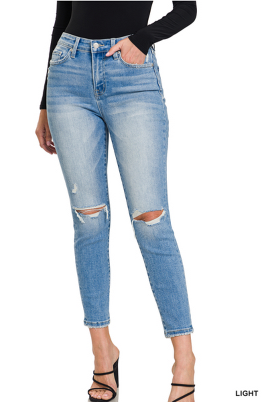 Zenana- High Rise Distressed Cropped Skinny Denim Pants