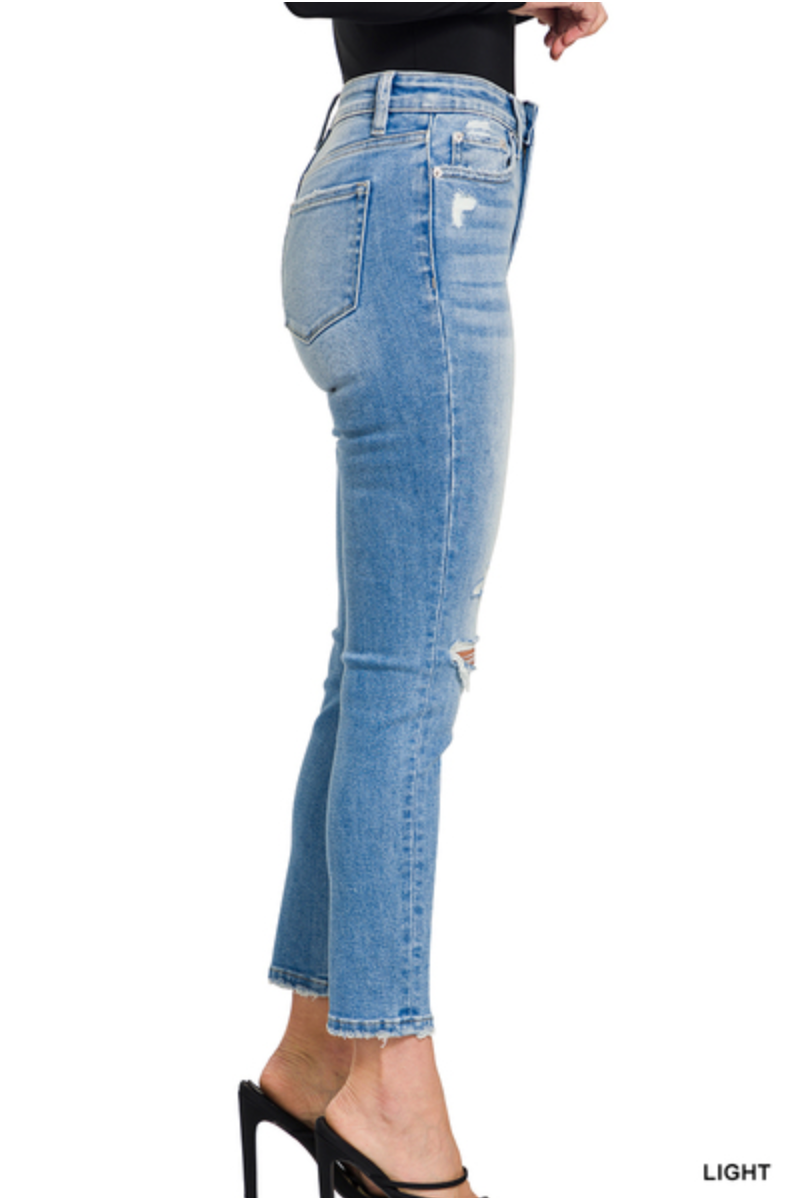 Zenana- High Rise Distressed Cropped Skinny Denim Pants