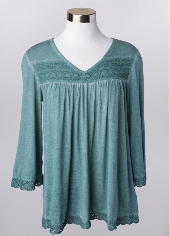 Keren Hart- 3/4 Length Sleeve Lace Detail Top in Teal