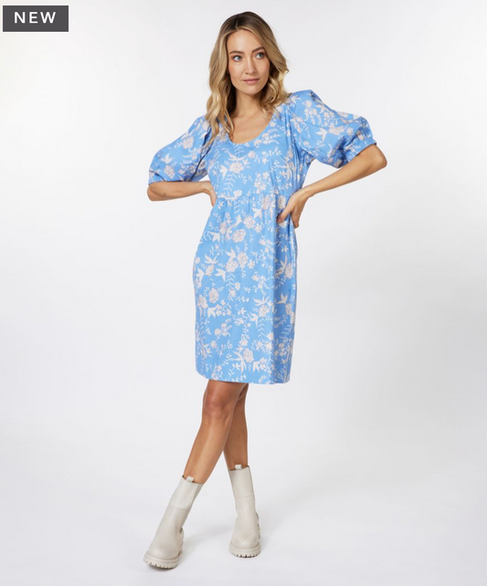 Esqualo- Puff Sleeve Dress in Blue Flower