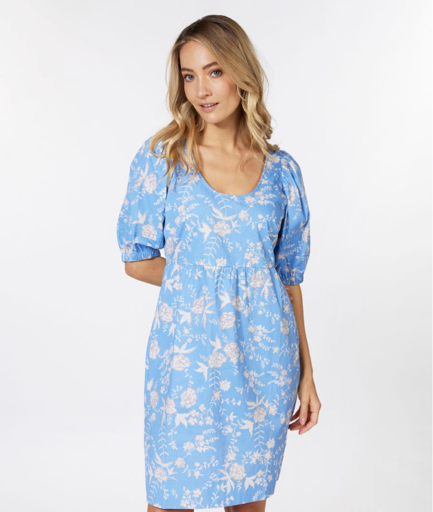 Esqualo- Puff Sleeve Dress in Blue Flower