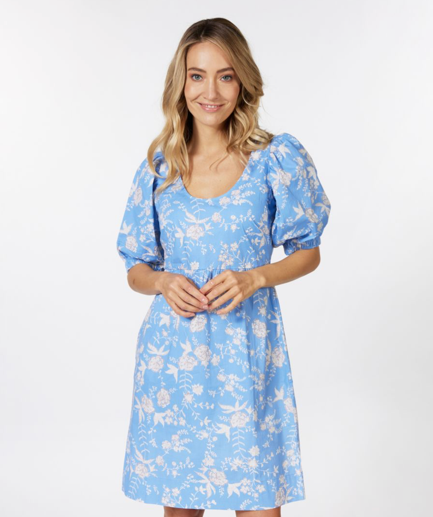 Esqualo- Puff Sleeve Dress in Blue Flower