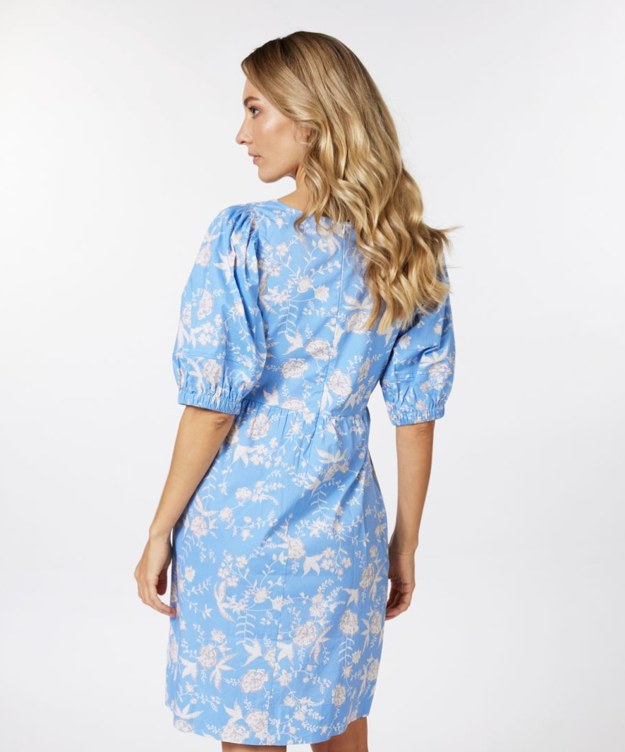 Esqualo- Puff Sleeve Dress in Blue Flower