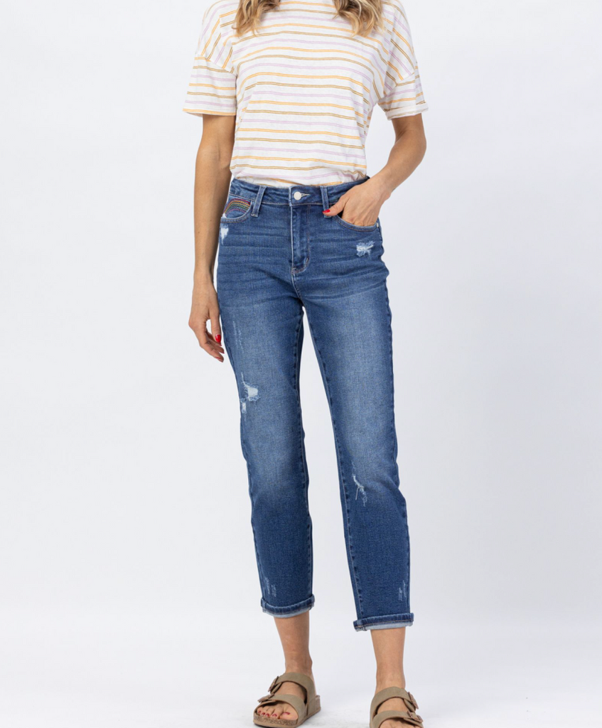 Judy Blue- High Rise Rainbow Embroidery Cropped Straight Leg Jeans