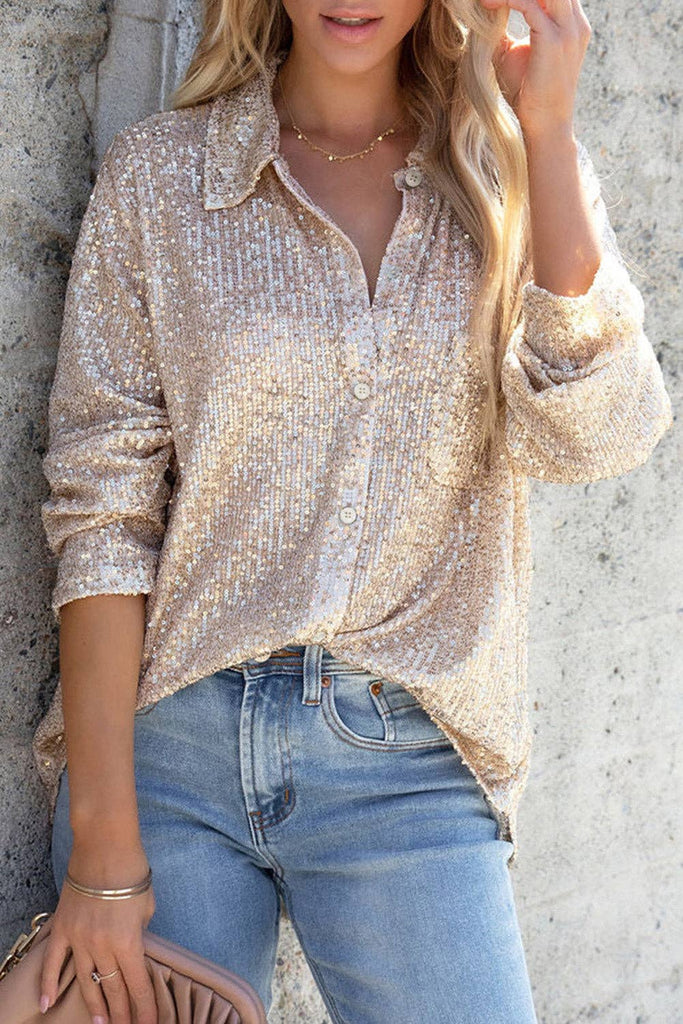 FULL TIME - Gold Sequin Collared Bust Pocket Buttoned Shirt