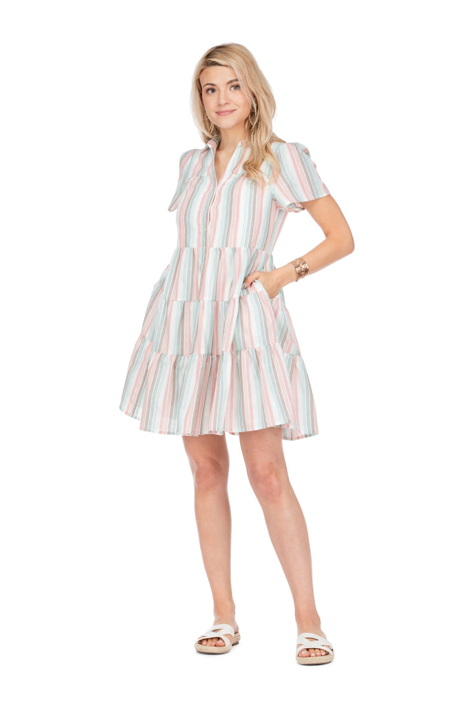 JOY JOY- Button Tiered Dress in Spring Stripe