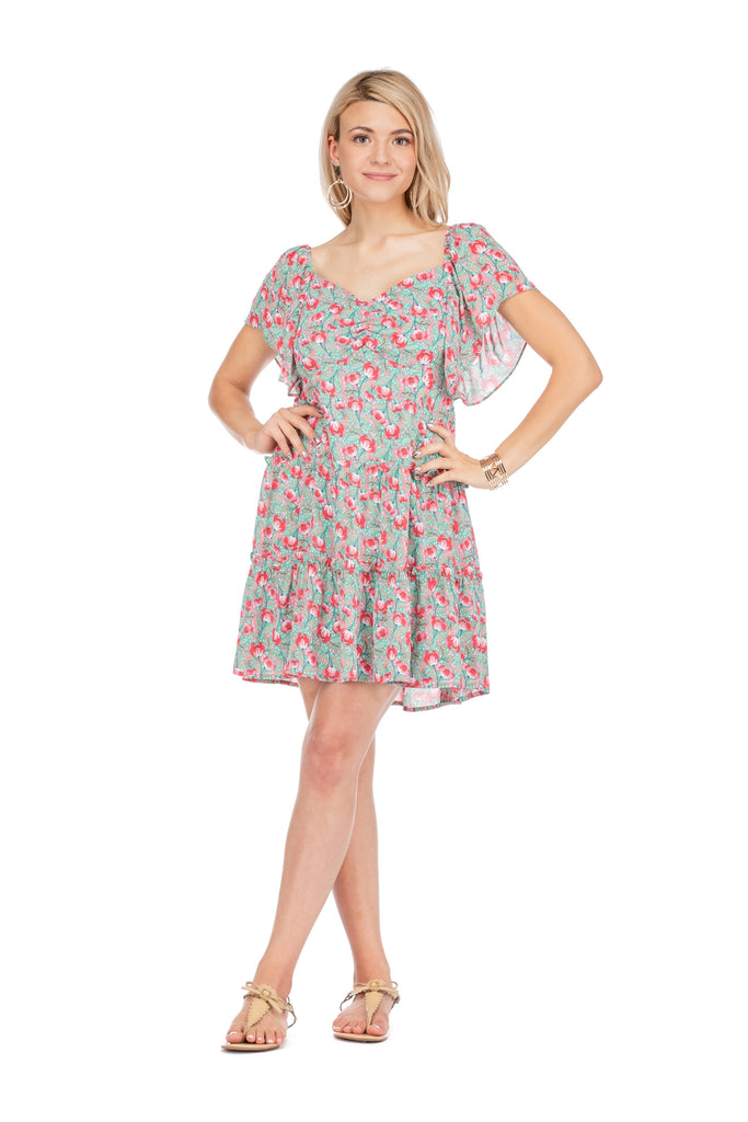Joy Joy- Ruched Front Tiered Dress in Poppies