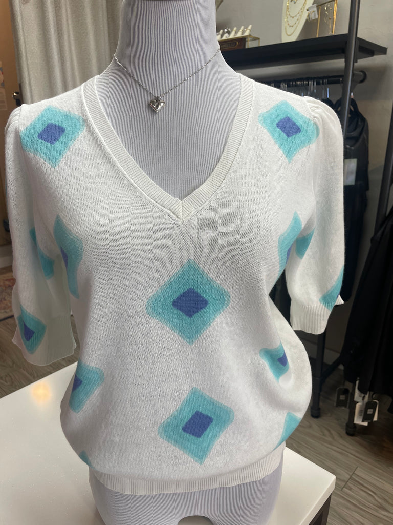 Esqualo- Printed Linen Sweater with Blue Diamond Print